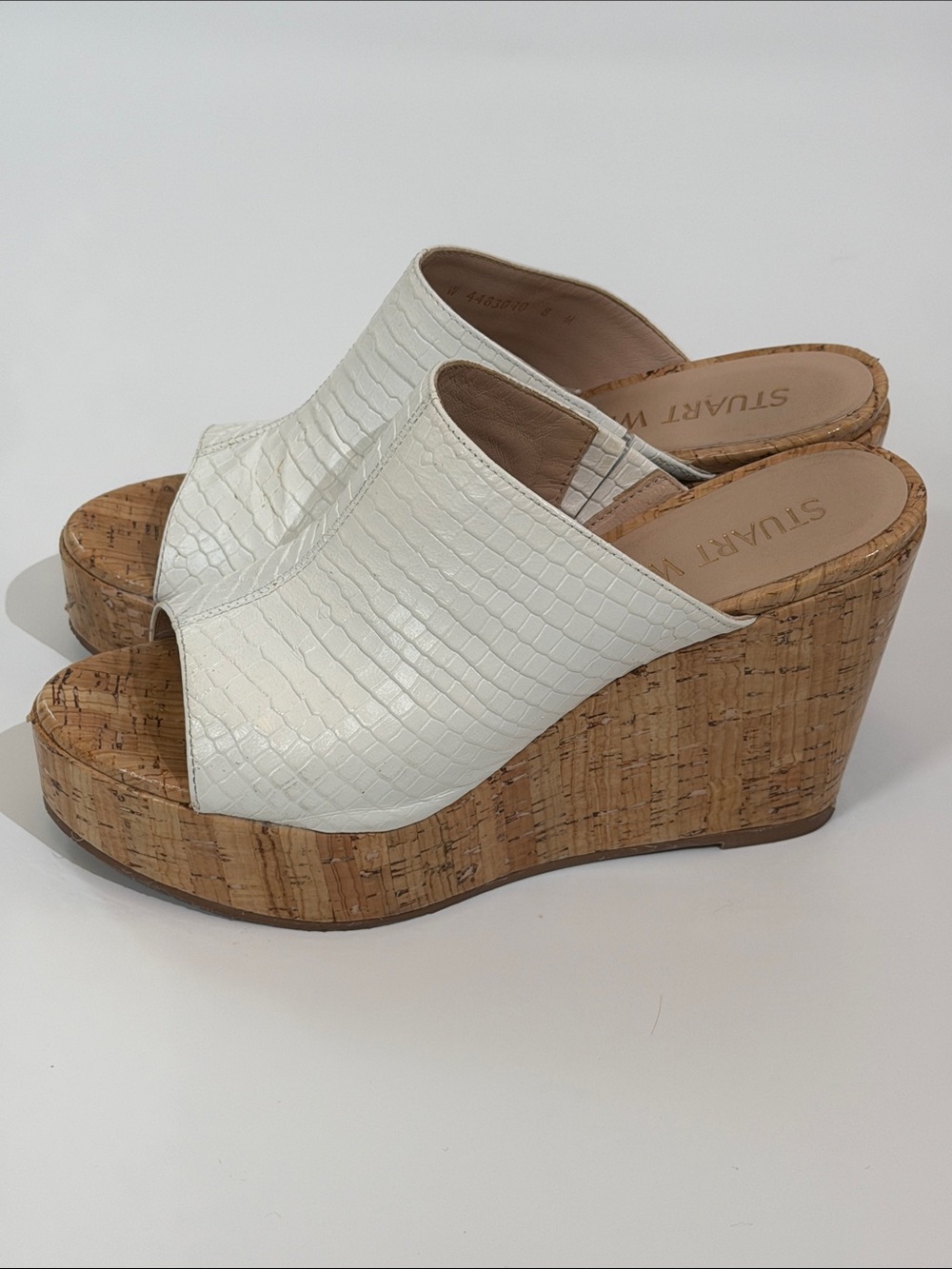 Stuart Weitzman White Croc-Embossed Leather Cork Wedge Sandals